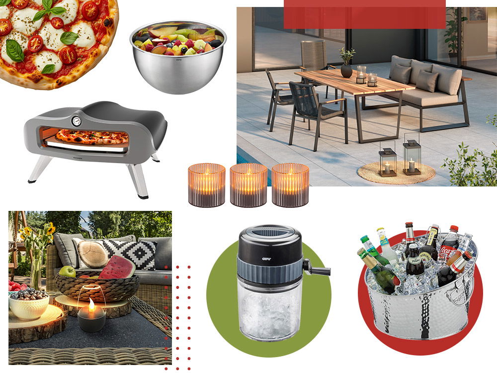 Sommer-Partysetup mit Pizzaofen, Eiscrusher, Getränkekühler, Outdoor-Möbeln, Laternen und Snacks im Garten.