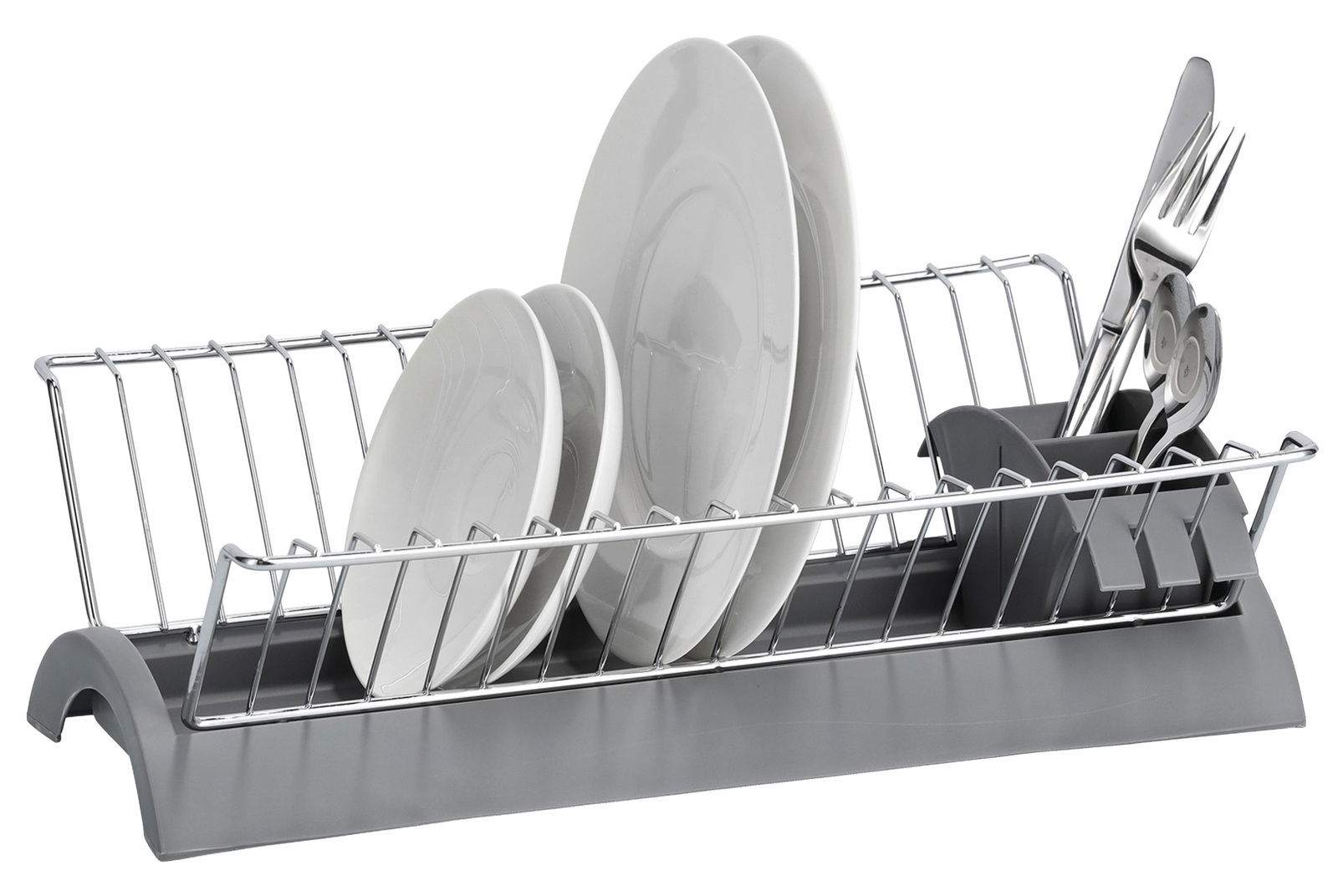 Geschirrabtropfständer aus Metall mit grauer Basis, gefüllt mit weißen Tellern und Besteck, seitliche Perspektive
