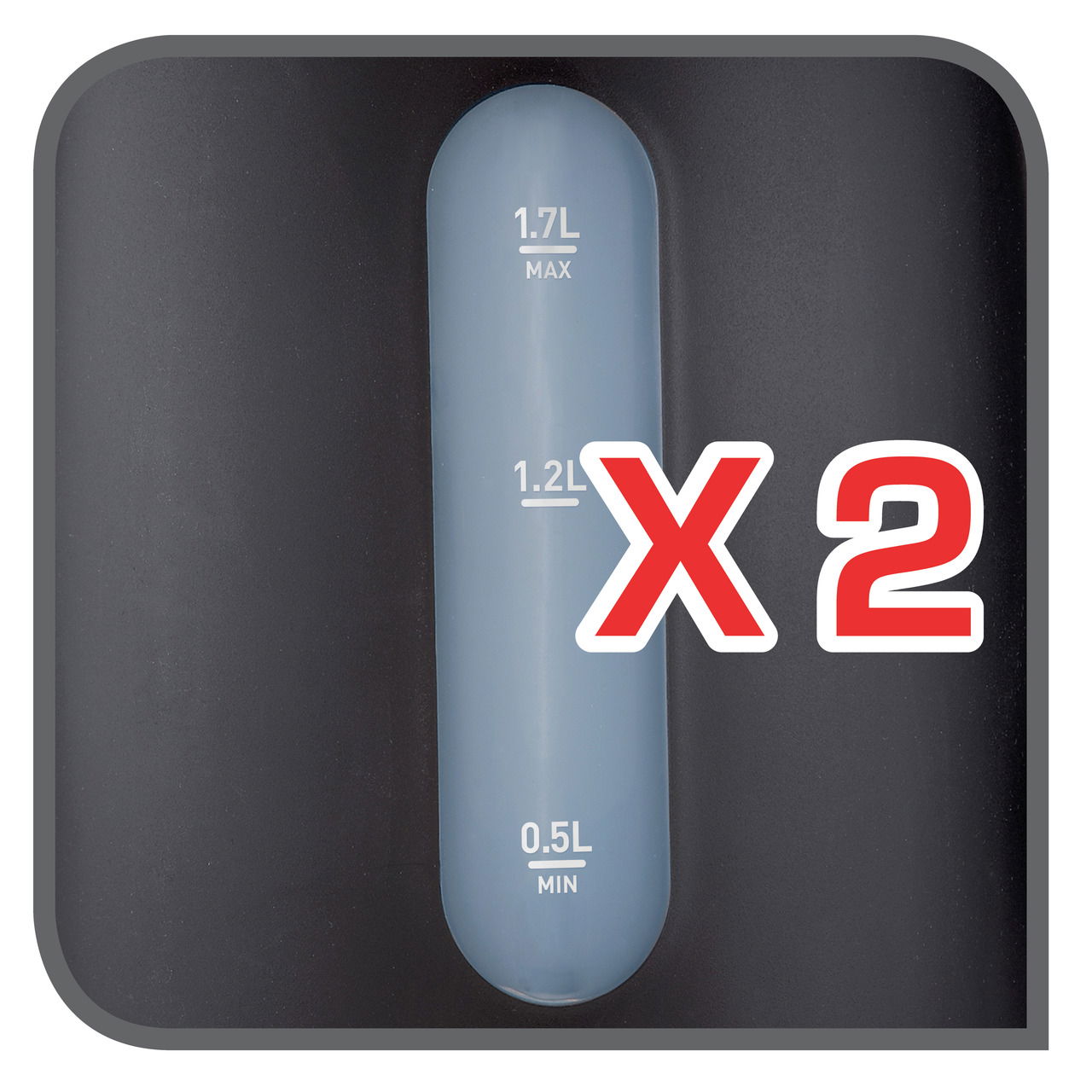 Nahaufnahme eines Wasserkochers mit Wasserstandsanzeige von 0,5L bis 1,7L und rotem X2-Symbol.