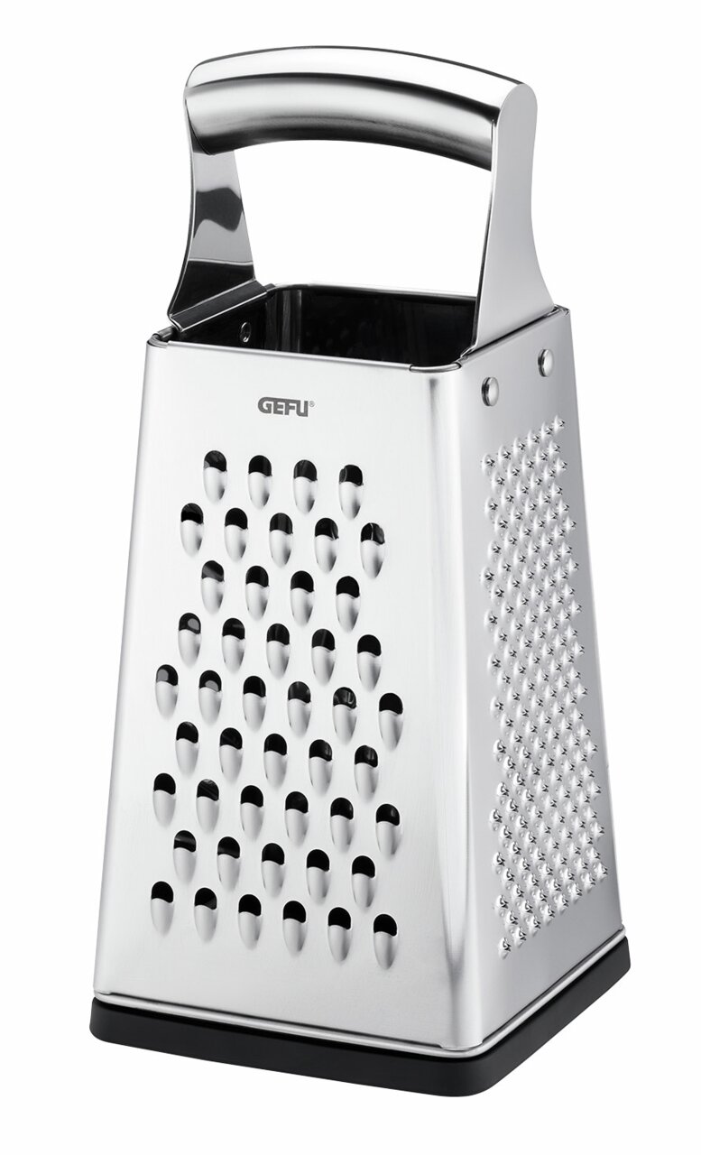 Vierkantreibe GRATO aus Edelstahl, seitliche Perspektive, mit ergonomischem Griff und verschiedenen Reibeflächen.