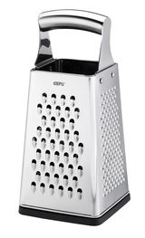 Vierkantreibe GRATO aus Edelstahl, seitliche Perspektive, mit ergonomischem Griff und verschiedenen Reibeflächen.