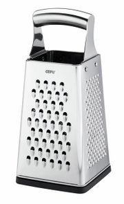 Vierkantreibe GRATO aus Edelstahl, seitliche Perspektive, mit ergonomischem Griff und verschiedenen Reibeflächen.