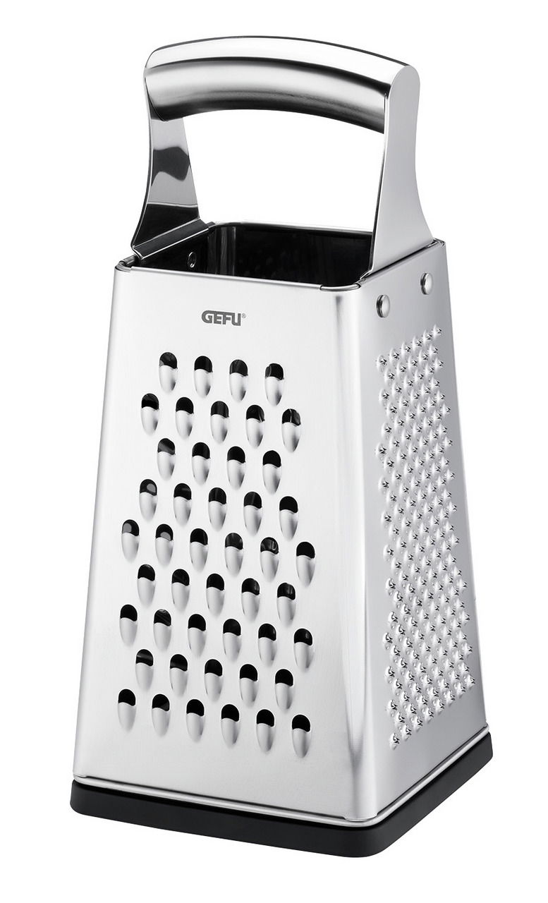 Vierkantreibe GRATO aus Edelstahl, seitliche Perspektive, mit ergonomischem Griff und verschiedenen Reibeflächen.