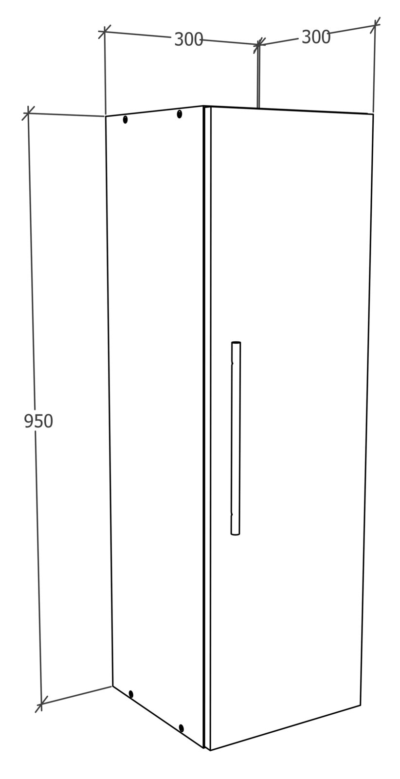 Technische Strichzeichnung eines schlanken Hängeschranks mit Tür und vertikalem Griff, Maße ca. 950 mm hoch und 300 mm tief/breit je Seite, dargestellt in schräger Vorderansicht (3/4-Perspektive).