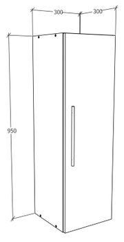 Technische Strichzeichnung eines schlanken Hängeschranks mit Tür und vertikalem Griff, Maße ca. 950 mm hoch und 300 mm tief/breit je Seite, dargestellt in schräger Vorderansicht (3/4-Perspektive).
