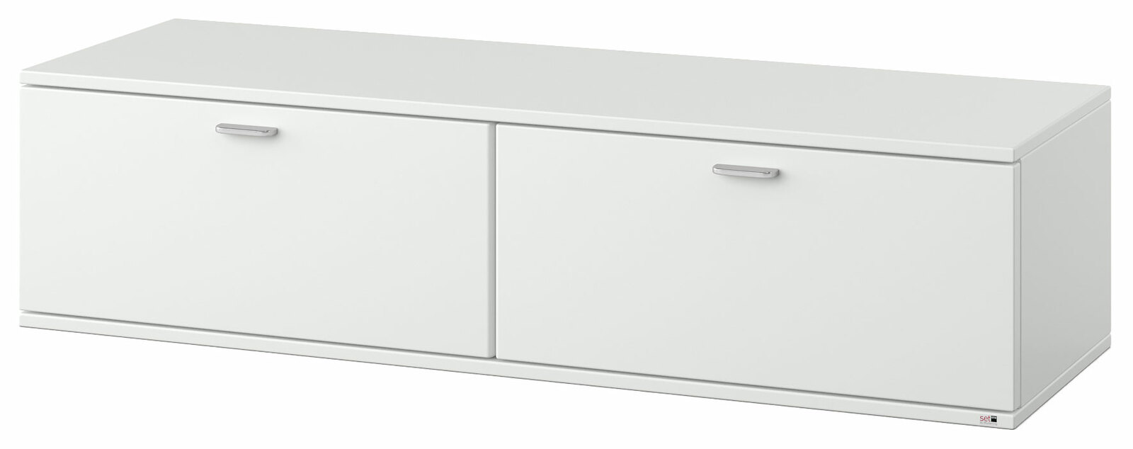 Weißes TV-Lowboard mit zwei Türen, seitliche Perspektive