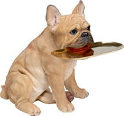 Deko-Figur eines sitzenden Bulldoggen-Butlers mit goldenem Tablett im Maul, seitliche Perspektive