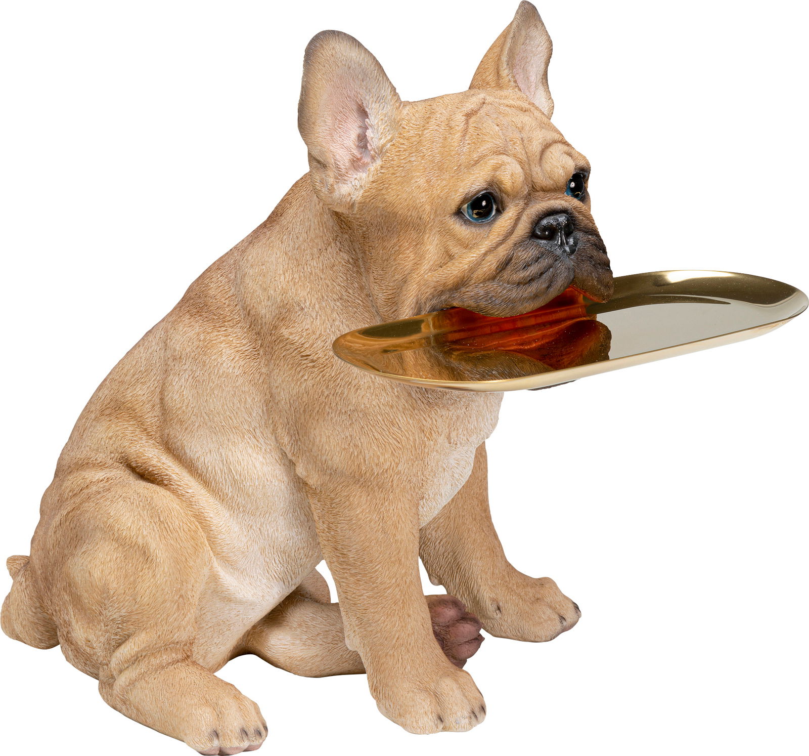 Deko-Figur eines sitzenden Bulldoggen-Butlers mit goldenem Tablett im Maul, seitliche Perspektive