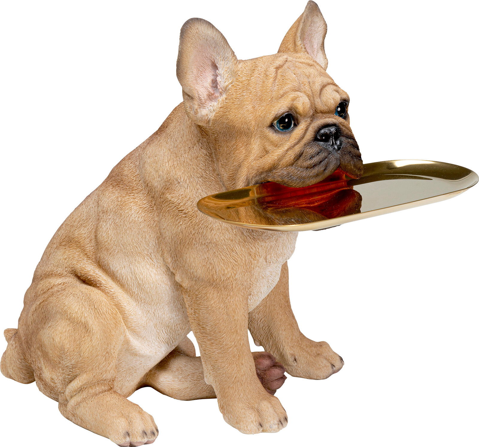 Deko-Figur eines sitzenden Bulldoggen-Butlers mit goldenem Tablett im Maul, seitliche Perspektive