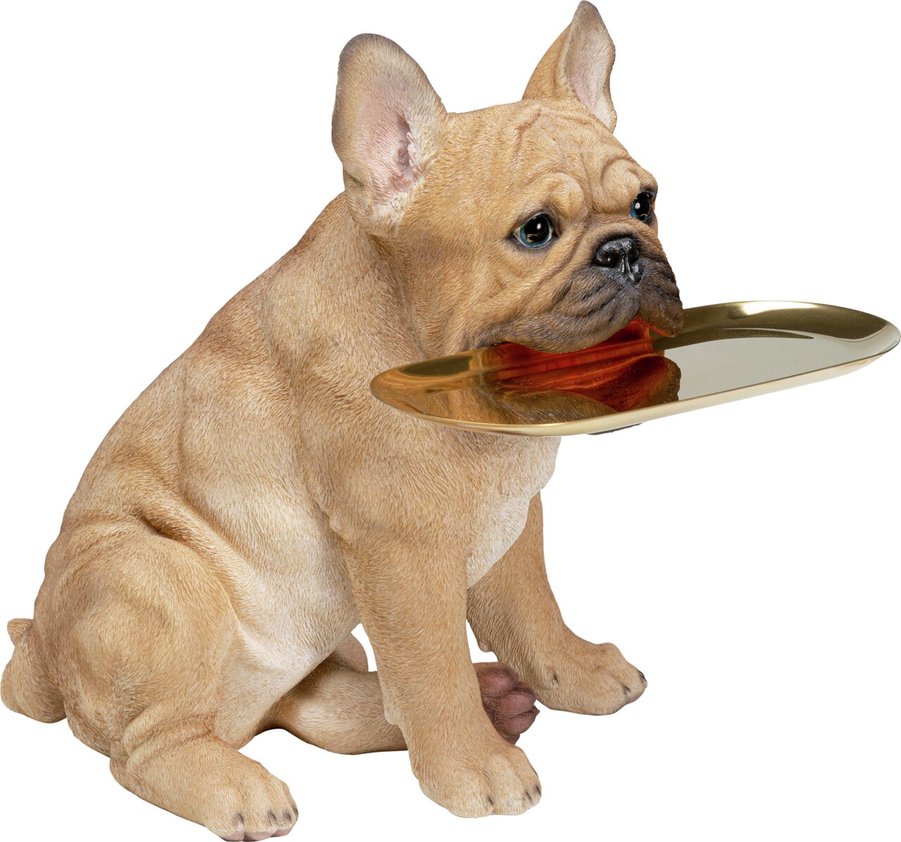Deko-Figur eines sitzenden Bulldoggen-Butlers mit goldenem Tablett im Maul, seitliche Perspektive