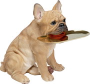 Deko-Figur eines sitzenden Bulldoggen-Butlers mit goldenem Tablett im Maul, seitliche Perspektive