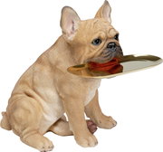 Deko-Figur eines sitzenden Bulldoggen-Butlers mit goldenem Tablett im Maul, seitliche Perspektive