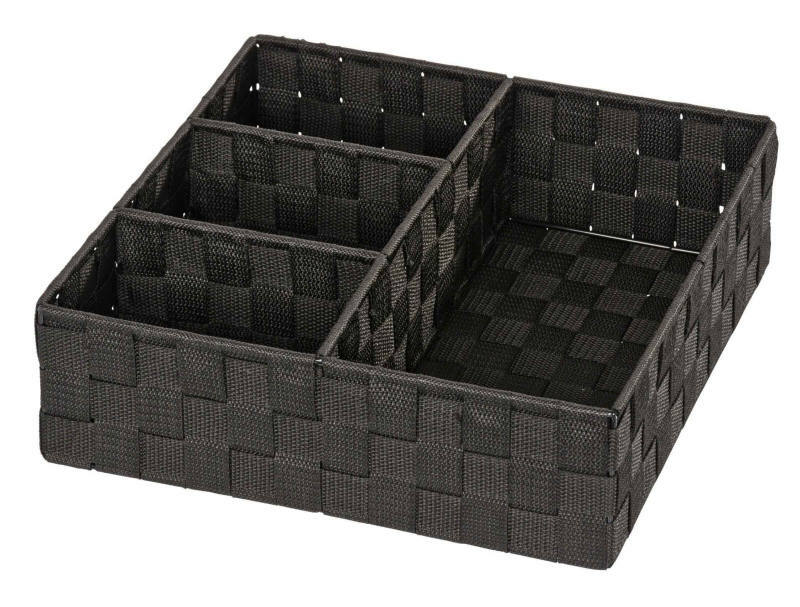 Wenko Badorganizer Adria 4er Aufteilung Schwarzer Badorganizer Adria mit vier Fächern, aus geflochtenem Material, perspektivisch von schräg oben fotografiert.