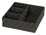 Schwarzer Badorganizer Adria mit vier Fächern, aus geflochtenem Material, perspektivisch von schräg oben fotografiert.