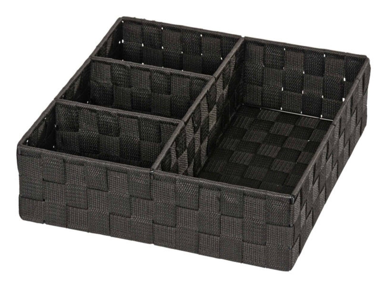 Schwarzer Badorganizer Adria mit vier Fächern, aus geflochtenem Material, perspektivisch von schräg oben fotografiert.