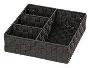 Schwarzer Badorganizer Adria mit vier Fächern, aus geflochtenem Material, perspektivisch von schräg oben fotografiert.