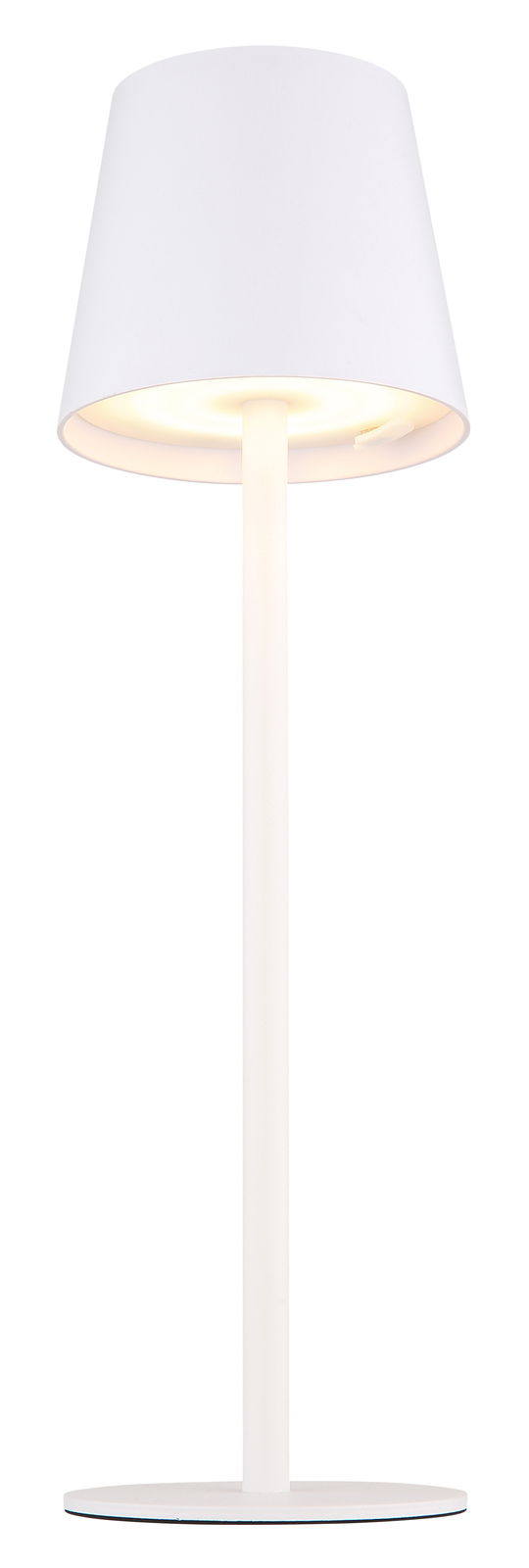Weiße Akku-Tischleuchte VANNIE, frontal abgebildet, mit rundem Lampenschirm und schlankem Standfuß.