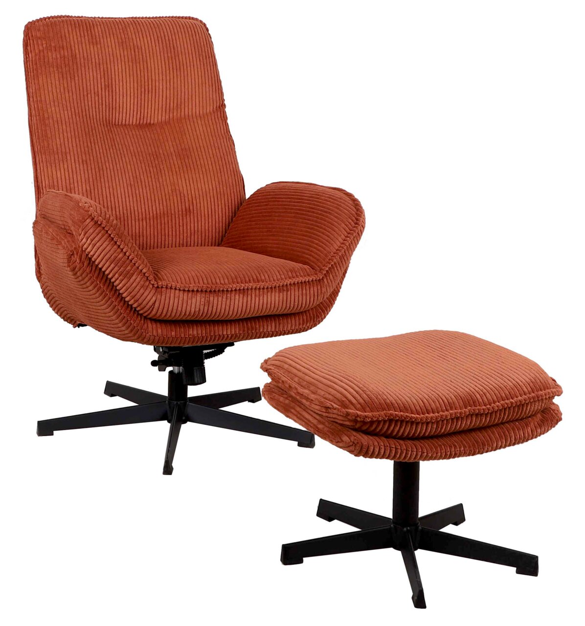 Roter Relaxsessel mit Hocker aus Cordstoff, seitliche Perspektive