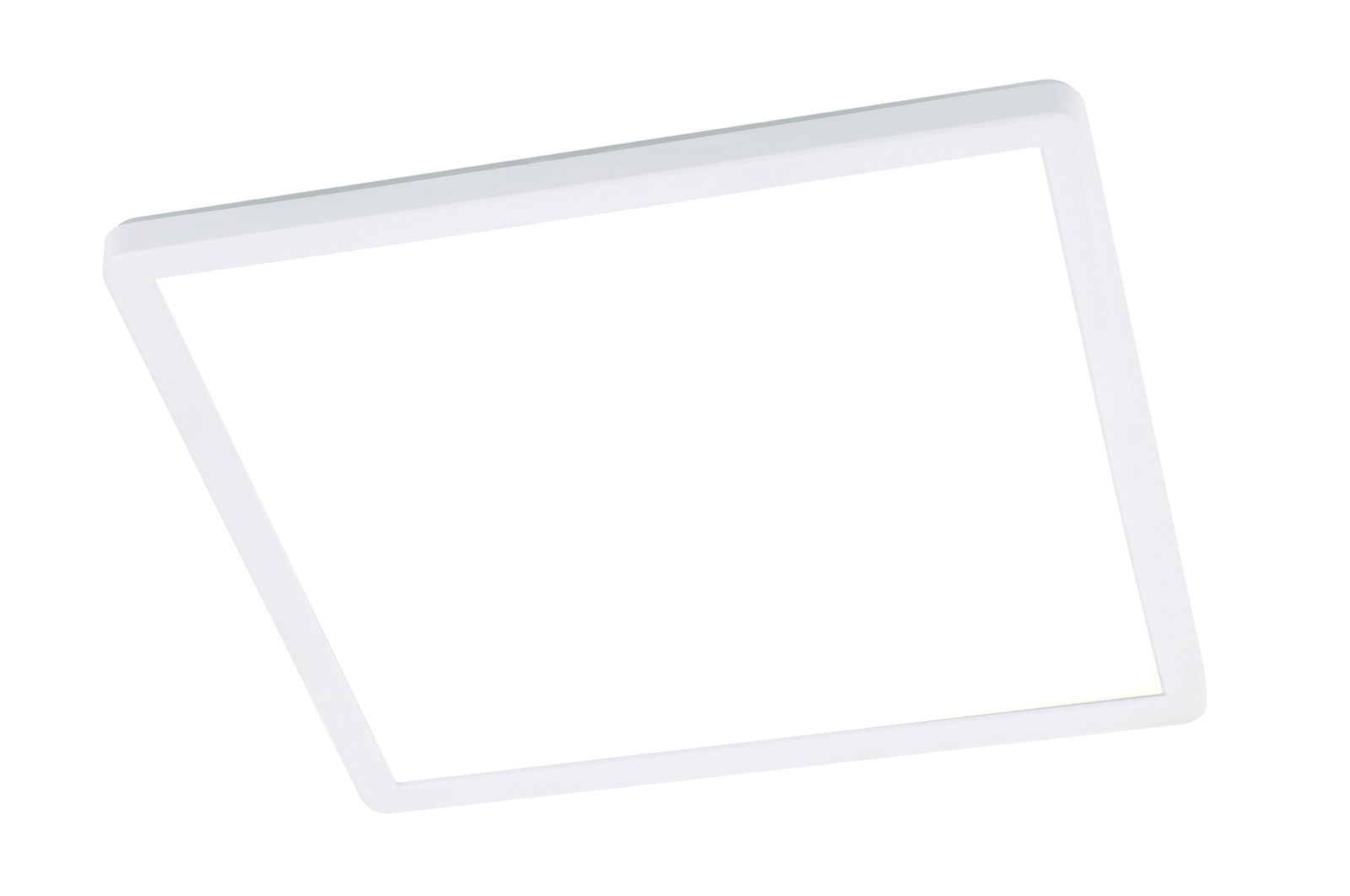 Quadratische LED-Deckenleuchte in weißer Farbe, seitliche Perspektive