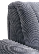 Nahaufnahme einer grauen, strukturierten Polsterung einer 2,5er-Sitzbank, seitliche Perspektive