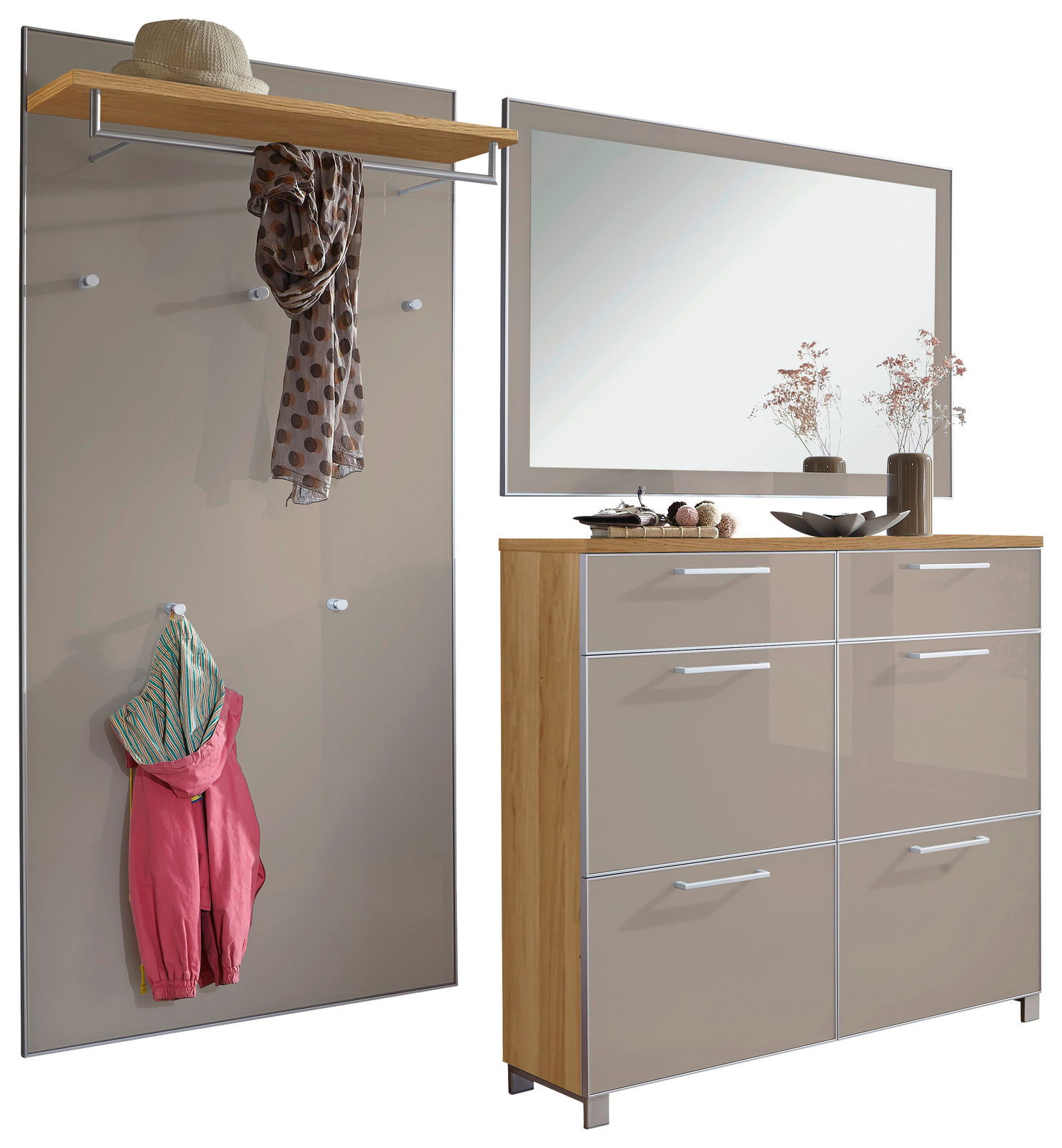 Garderoben-Set 3-tlg. mit Wandpaneel, Spiegel und Schuhschrank in moderner Perspektive