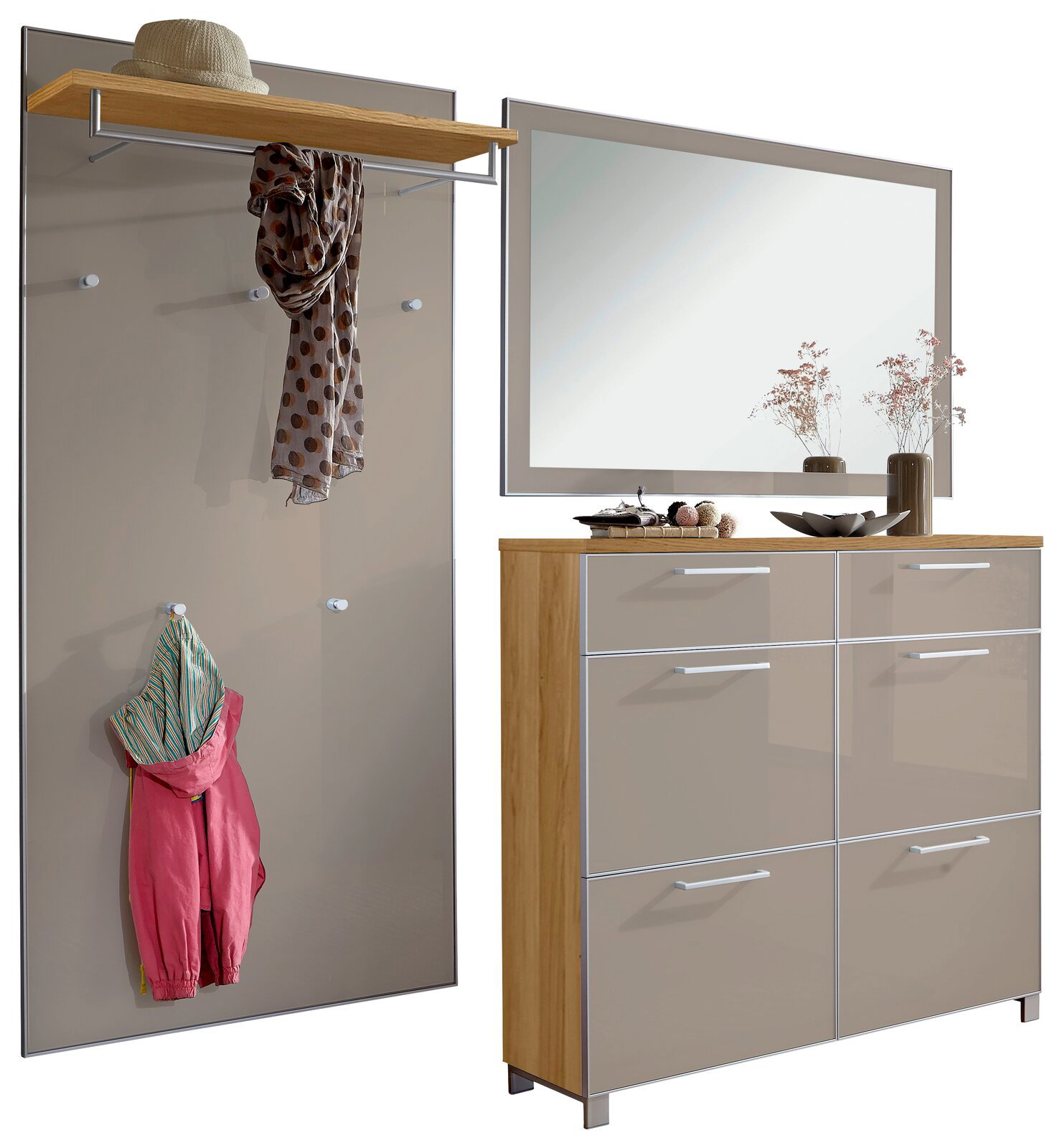 Garderoben-Set 3-tlg. mit Wandpaneel, Spiegel und Schuhschrank in moderner Perspektive