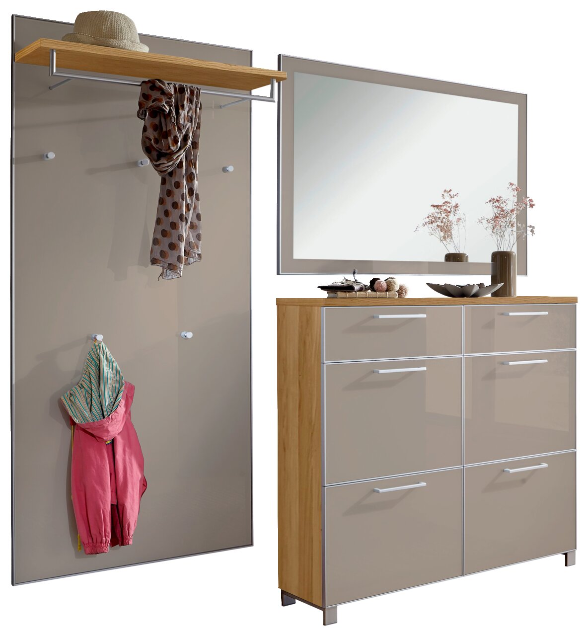 Garderoben-Set 3-tlg. mit Wandpaneel, Spiegel und Schuhschrank in moderner Perspektive