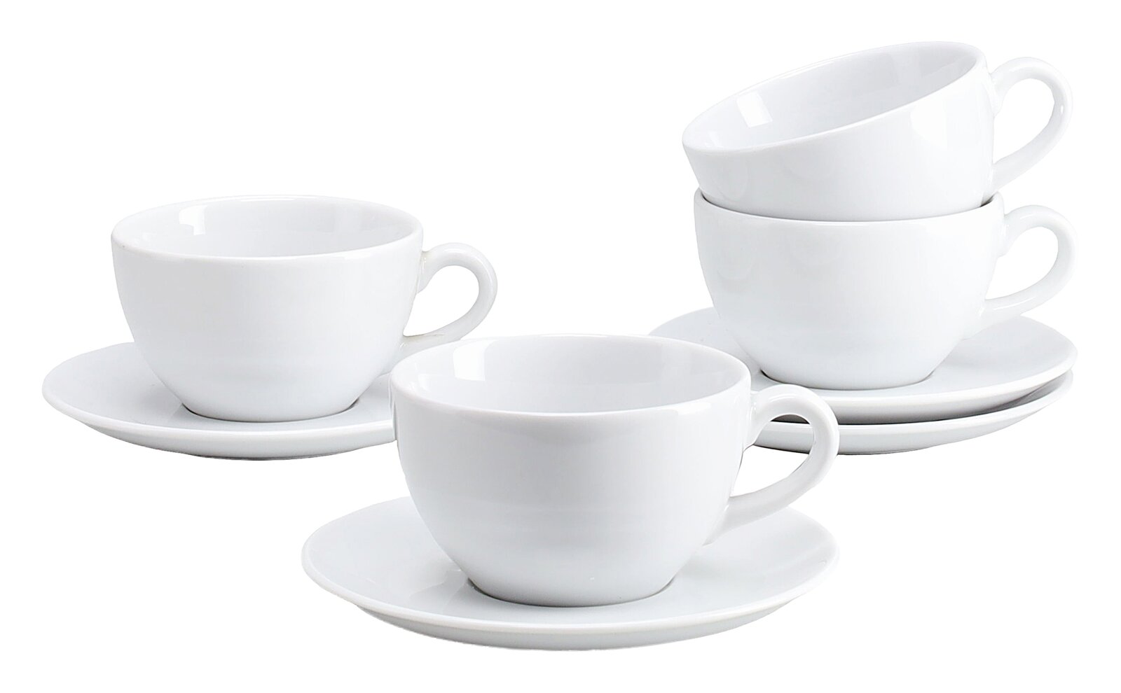 creaTable Cappuccino Set 8-tlg BISTROT Weiße Kaffeetassen mit Untertassen im Set, eine Tasse vorne, eine links und zwei rechts gestapelt, seitliche Ansicht in leichter Schrägperspektive auf weißem Hintergrund