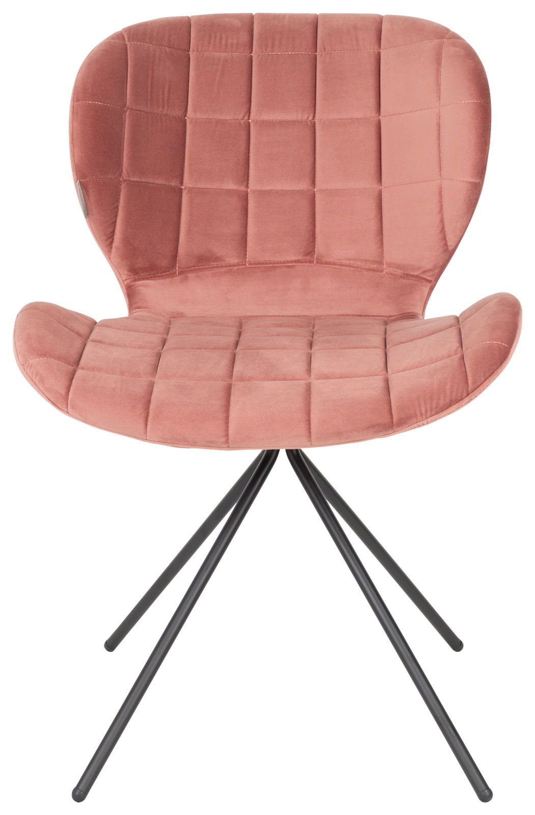 Rosa Samtstuhl mit schwarzem Metallgestell, Vorderansicht