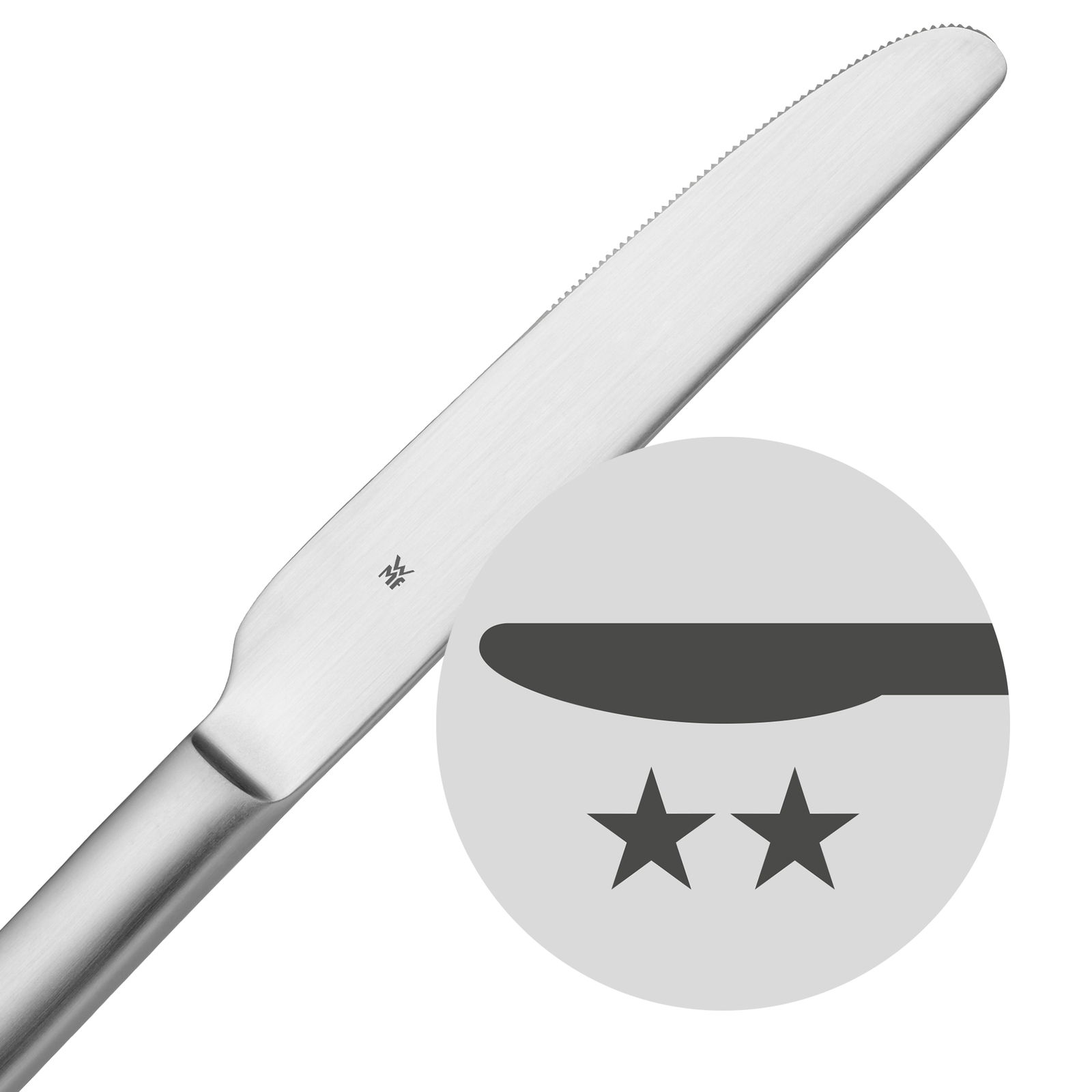Nahaufnahme eines Edelstahlmessers aus dem Besteckset Silk 60-tlg., mit glatter Klinge und zwei Sternen als Symbol für Schneidleistung.