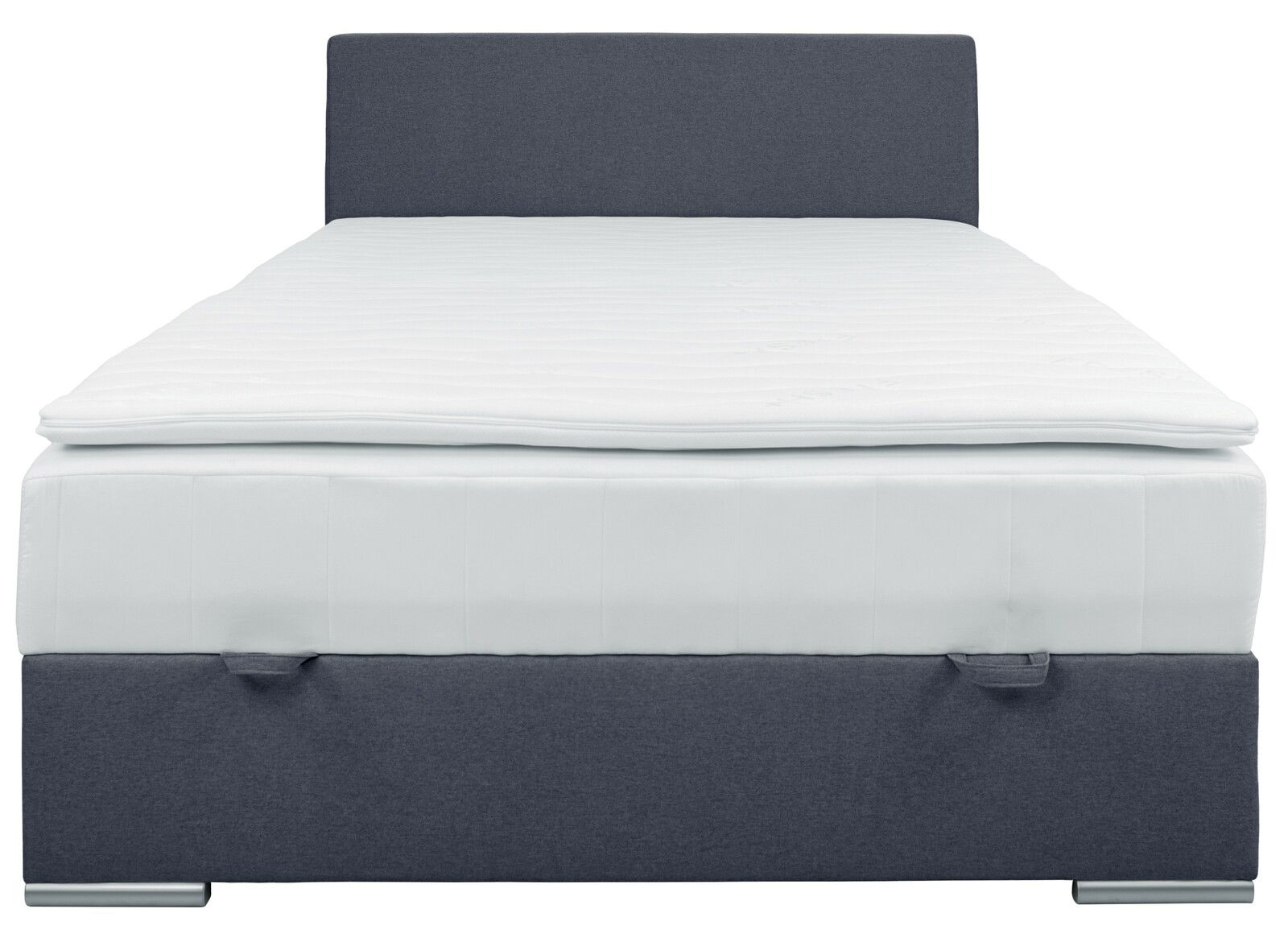 Boxbett 140 in Frontalansicht mit grauem Kopfteil und weißer Matratze