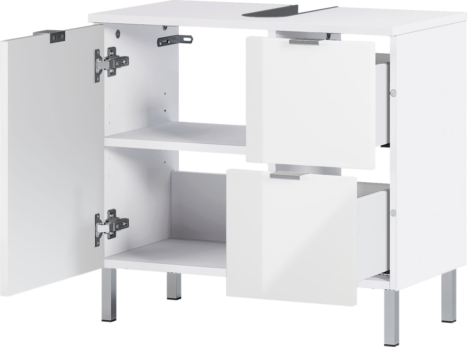 Weißer Unterschrank mit zwei Schubladen und einer Tür, teilweise geöffnet, aus seitlicher Perspektive