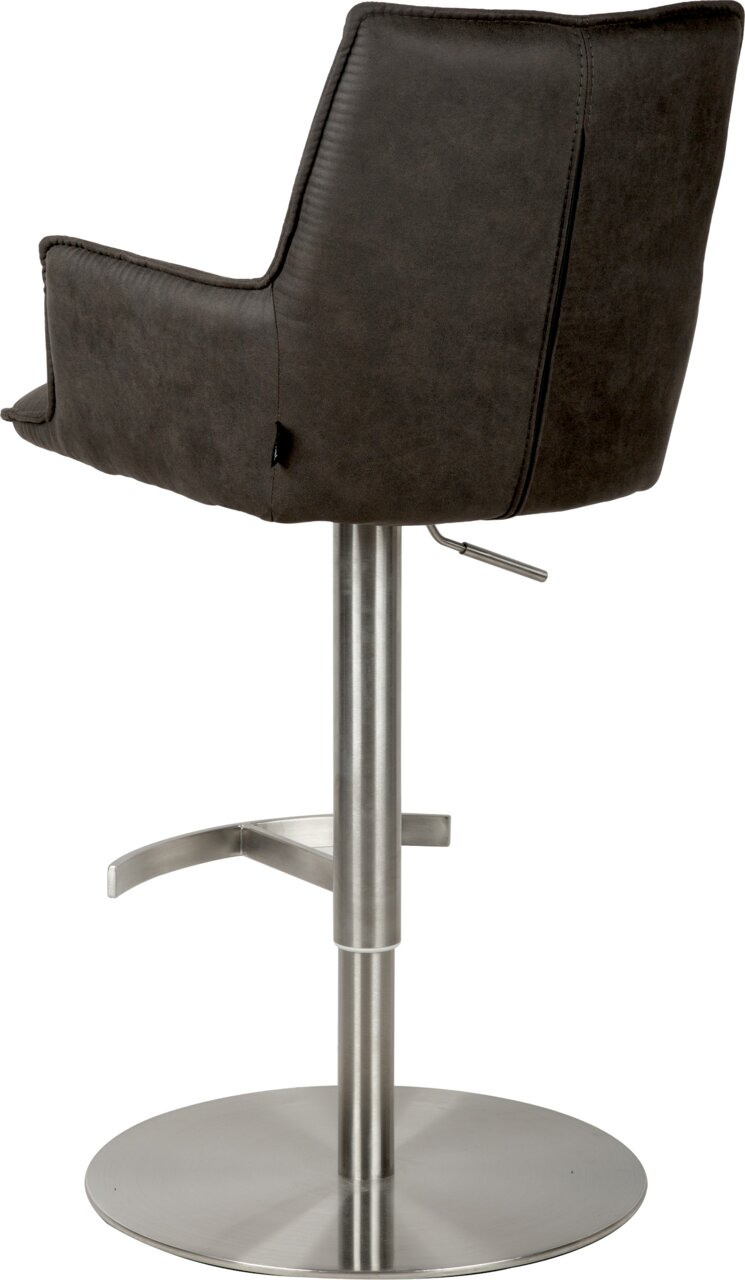 Dunkelgrauer Barhocker mit gepolsterter Rückenlehne und Armlehnen, höhenverstellbar mit Edelstahl-Säule und rundem Tellerfuß, Ansicht schräg von hinten/seitlich.