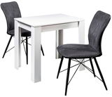 Moderner weißer Esstisch mit zwei grauen Stühlen, seitliche Perspektive