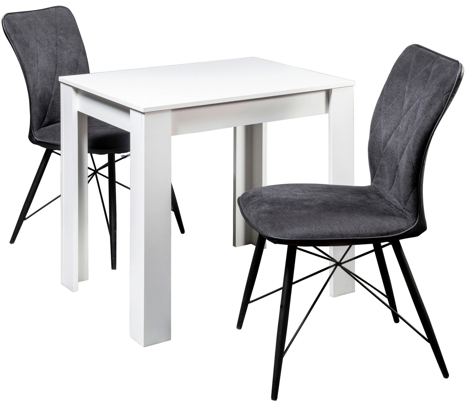 Osca Stuhl LOLA Moderner weißer Esstisch mit zwei grauen Stühlen, seitliche Perspektive