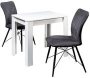 Moderner weißer Esstisch mit zwei grauen Stühlen, seitliche Perspektive