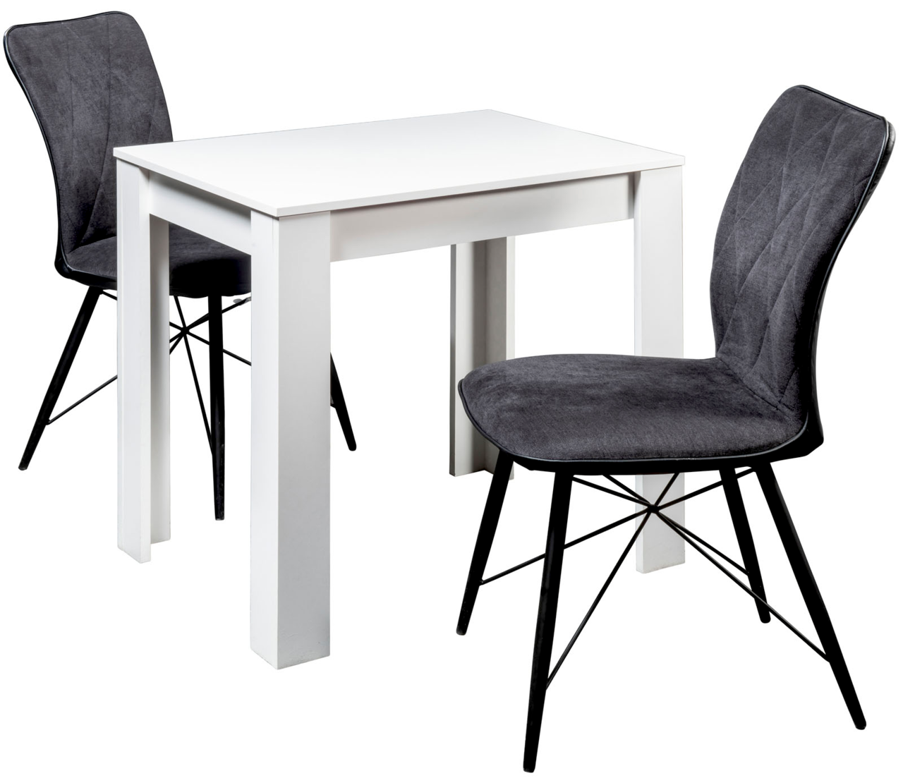 Z2 Esstisch PIT-BULL Moderner weißer Esstisch mit zwei grauen Stühlen, seitliche Perspektive