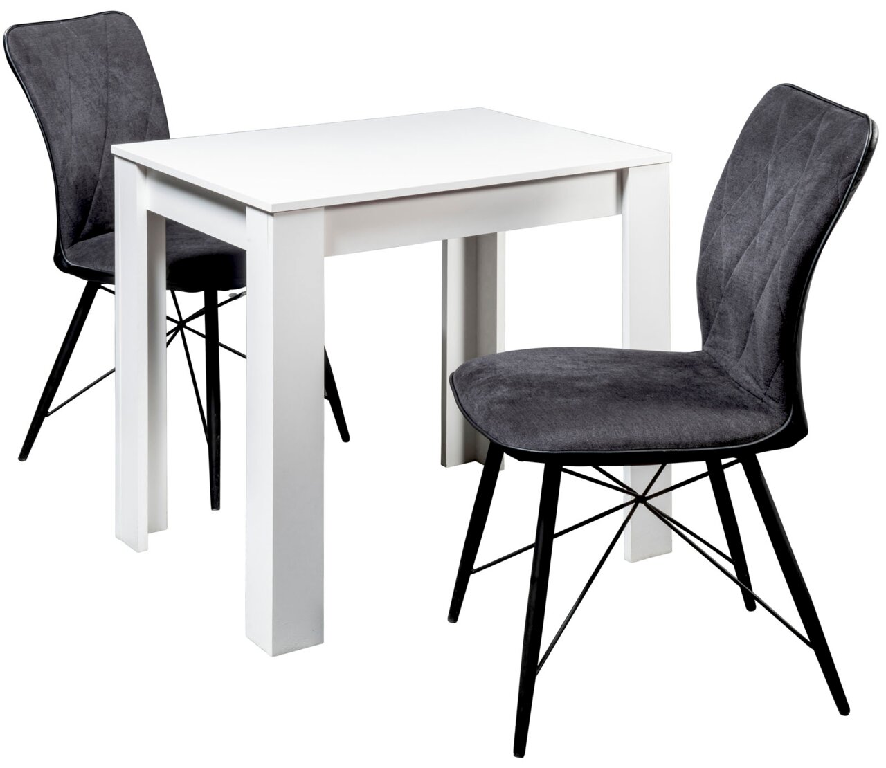 Moderner weißer Esstisch mit zwei grauen Stühlen, seitliche Perspektive