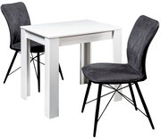 Moderner weißer Esstisch mit zwei grauen Stühlen, seitliche Perspektive