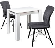 Moderner weißer Esstisch mit zwei grauen Stühlen, seitliche Perspektive