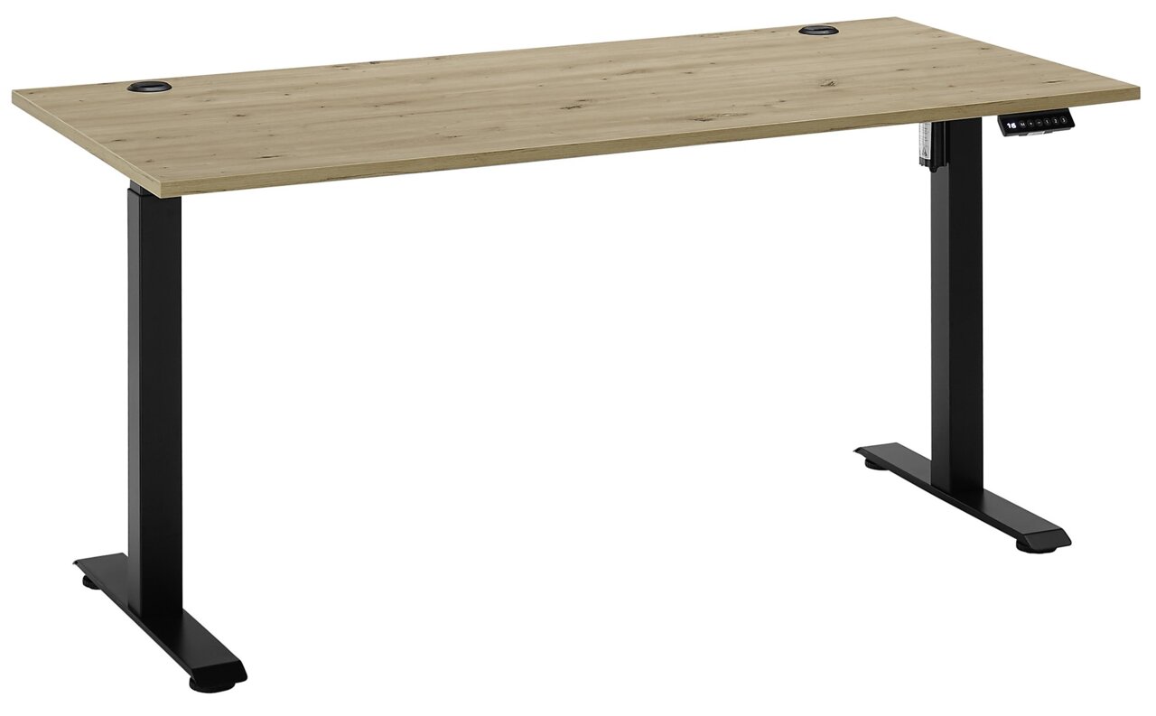 E-Serie E-bureau BEN Moderner E-Schreibtisch mit Holzoberfläche und schwarzen, höhenverstellbaren Metallbeinen, seitliche Perspektive