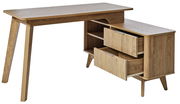 Moderner Eck-Schreibtisch aus Holz mit zwei offenen Schubladen, seitlicher Perspektive