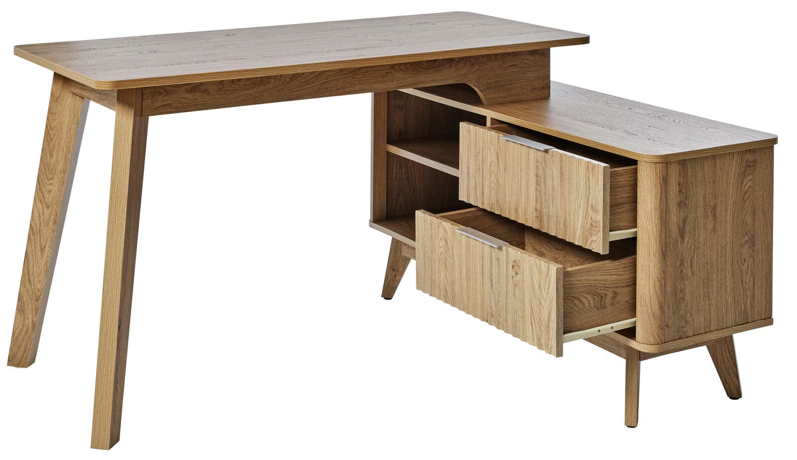 Moderner Eck-Schreibtisch aus Holz mit zwei offenen Schubladen, seitlicher Perspektive