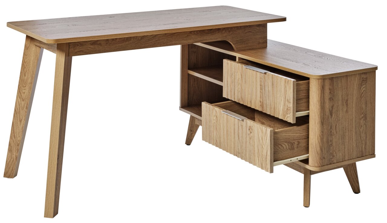 Moderner Eck-Schreibtisch aus Holz mit zwei offenen Schubladen, seitlicher Perspektive