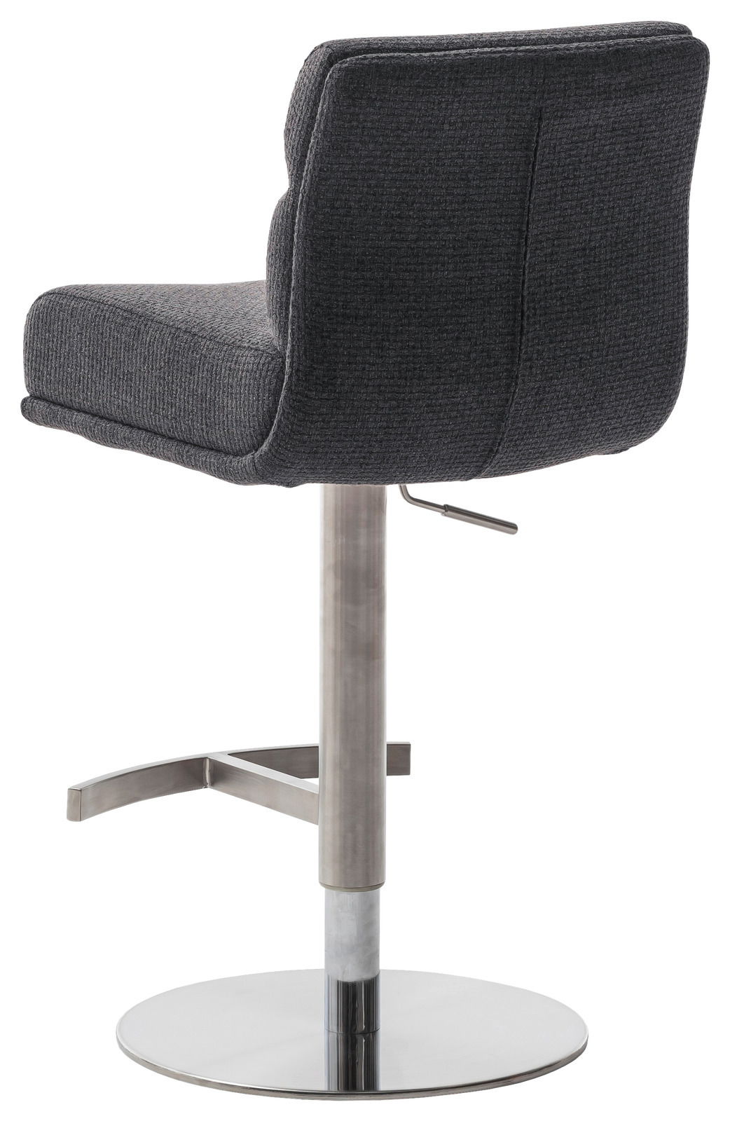 Rückansicht eines modernen Barstuhls mit grauem Stoffbezug und verchromtem Fußgestell.