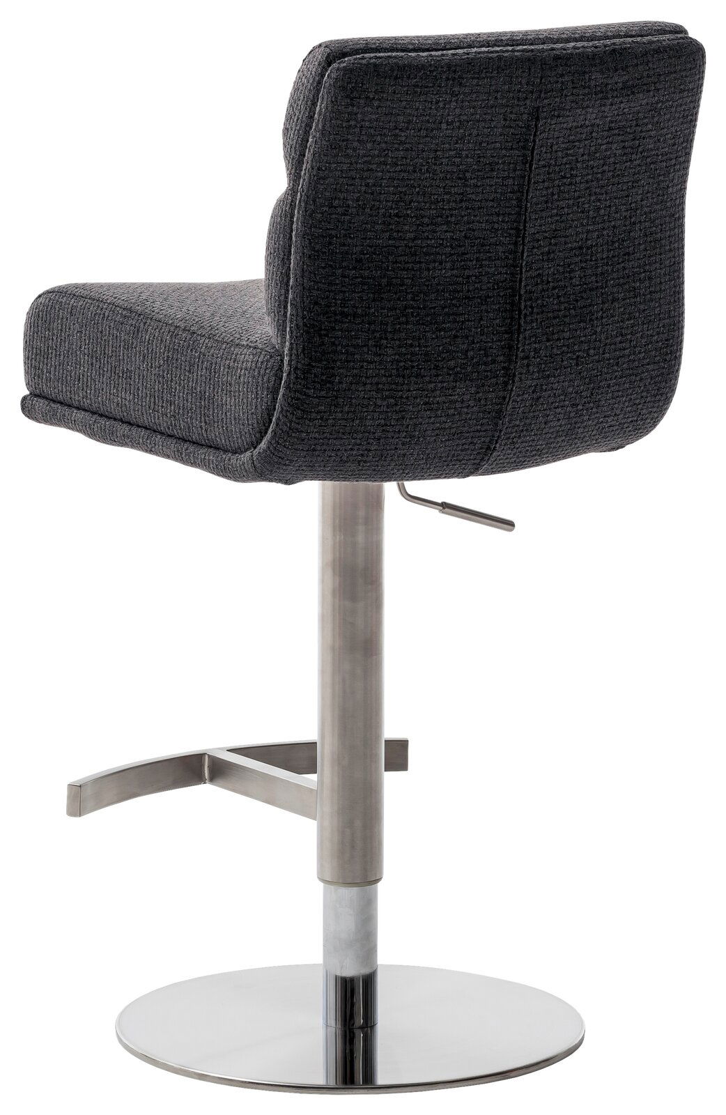 Rückansicht eines modernen Barstuhls mit grauem Stoffbezug und verchromtem Fußgestell.