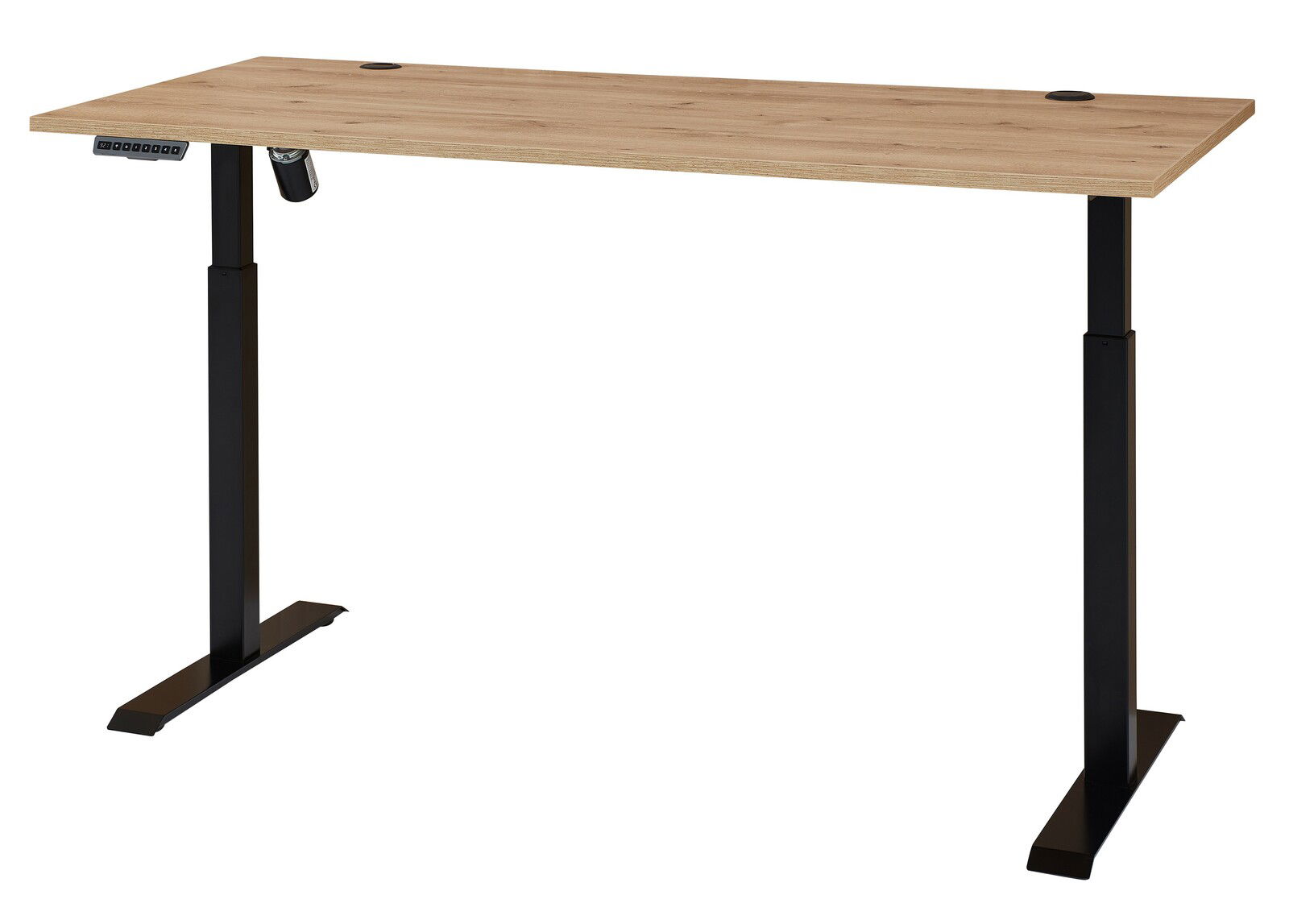 Moderner höhenverstellbarer E-Schreibtisch mit Holzfurnier-Oberfläche und schwarzem Metallgestell, seitliche Perspektive