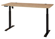 Moderner höhenverstellbarer E-Schreibtisch mit Holzfurnier-Oberfläche und schwarzem Metallgestell, seitliche Perspektive