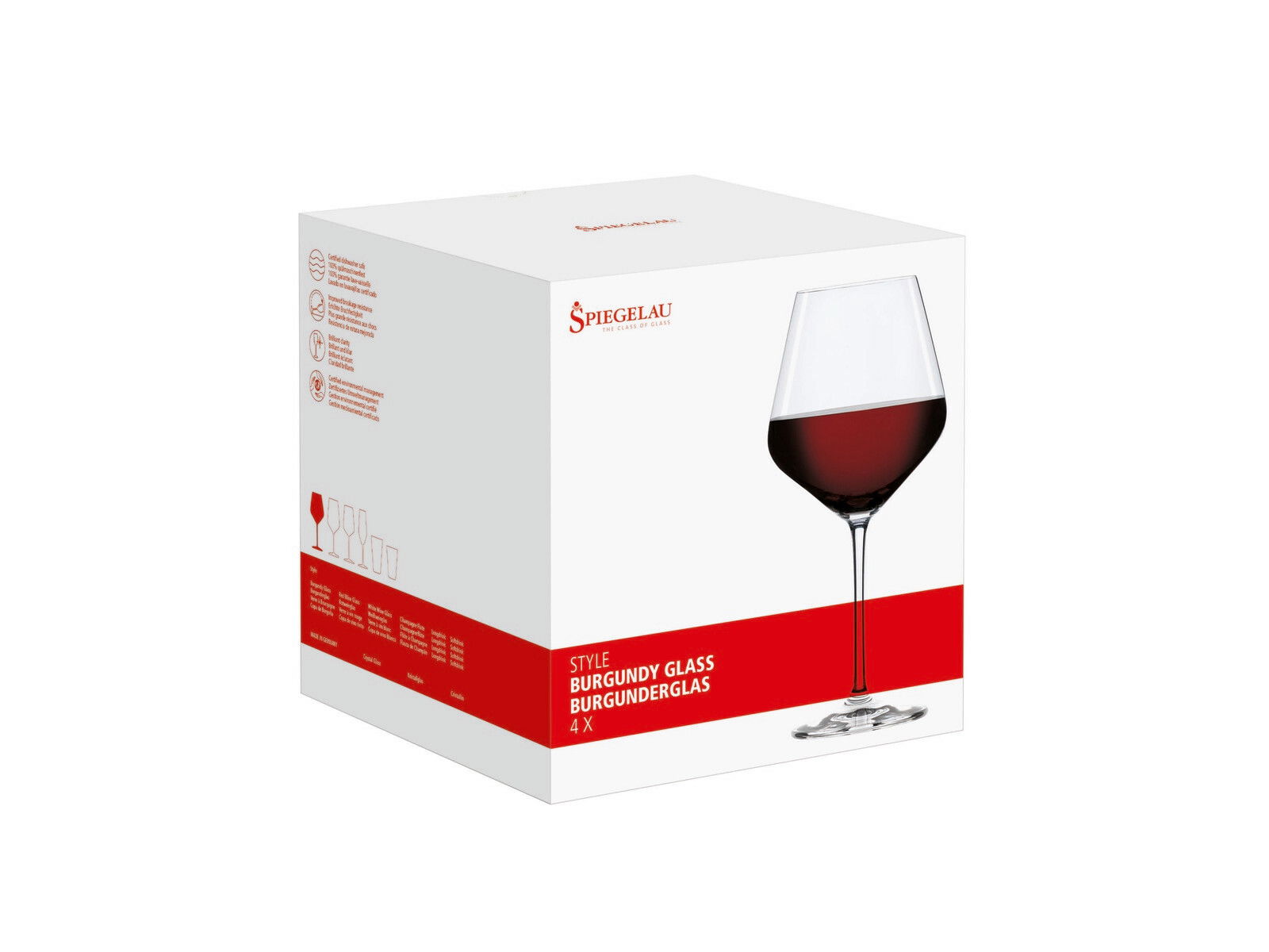 Verpackung mit vier Burgundergläsern, seitliche Perspektive