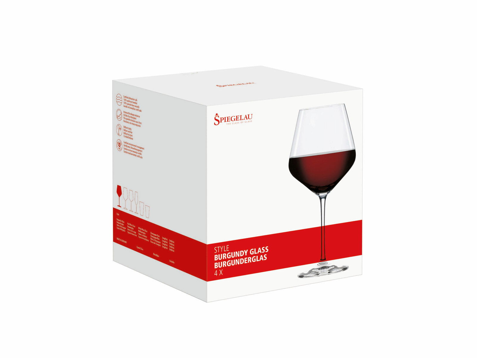 Verpackung mit vier Burgundergläsern, seitliche Perspektive